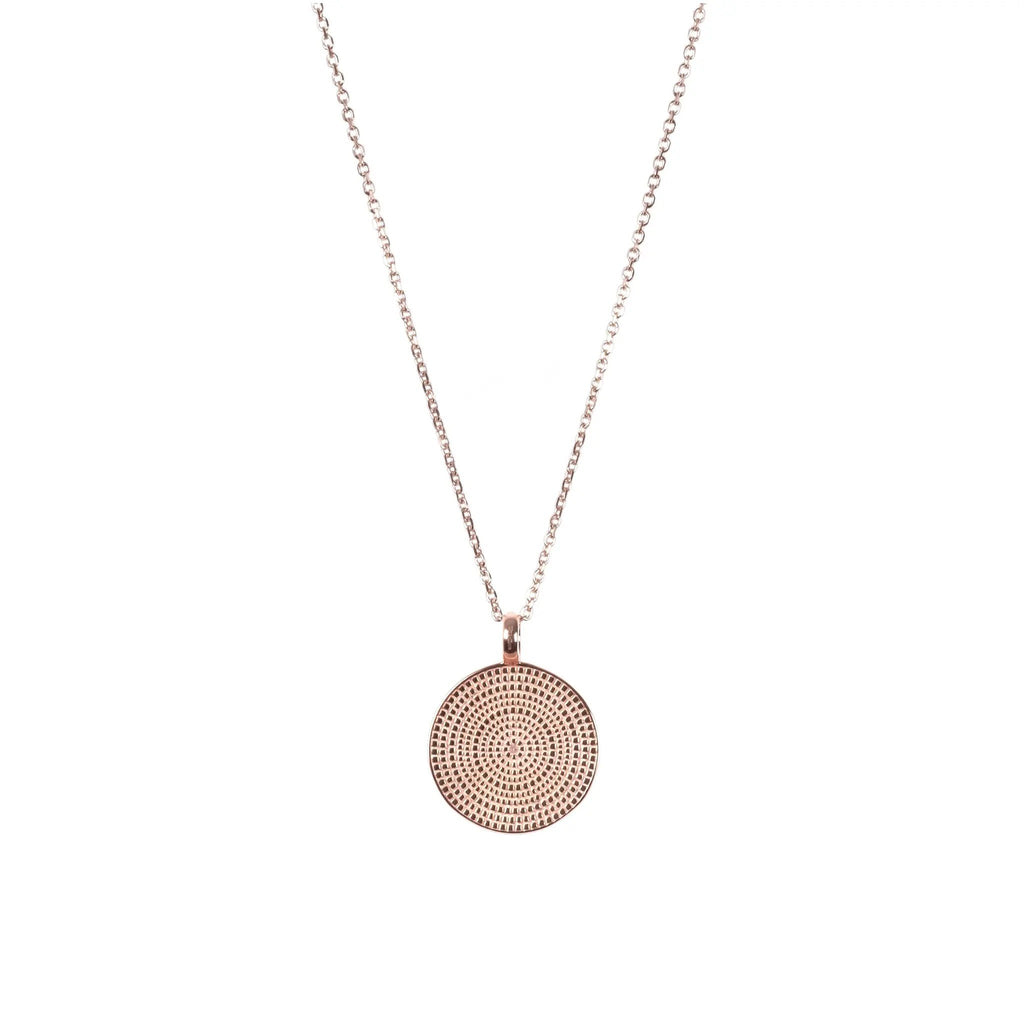 2. Rose gold plated Juno Mandala Necklace with geometric medallion pendant on a white background
