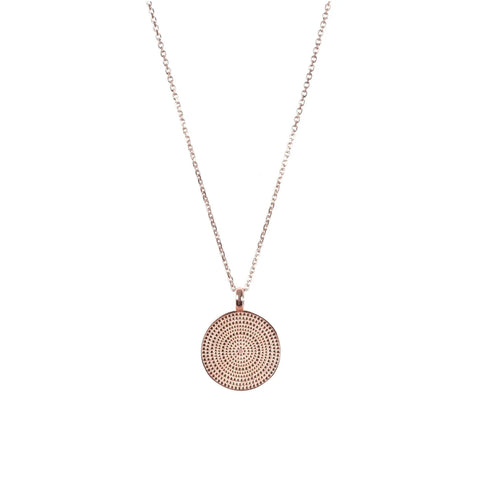 2. Rose gold plated Juno Mandala Necklace with geometric medallion pendant on a white background