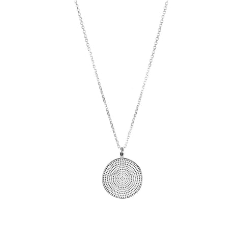 2. Silver-toned rhodium plated Juno Mandala Necklace with geometric medallion pendant on a white background