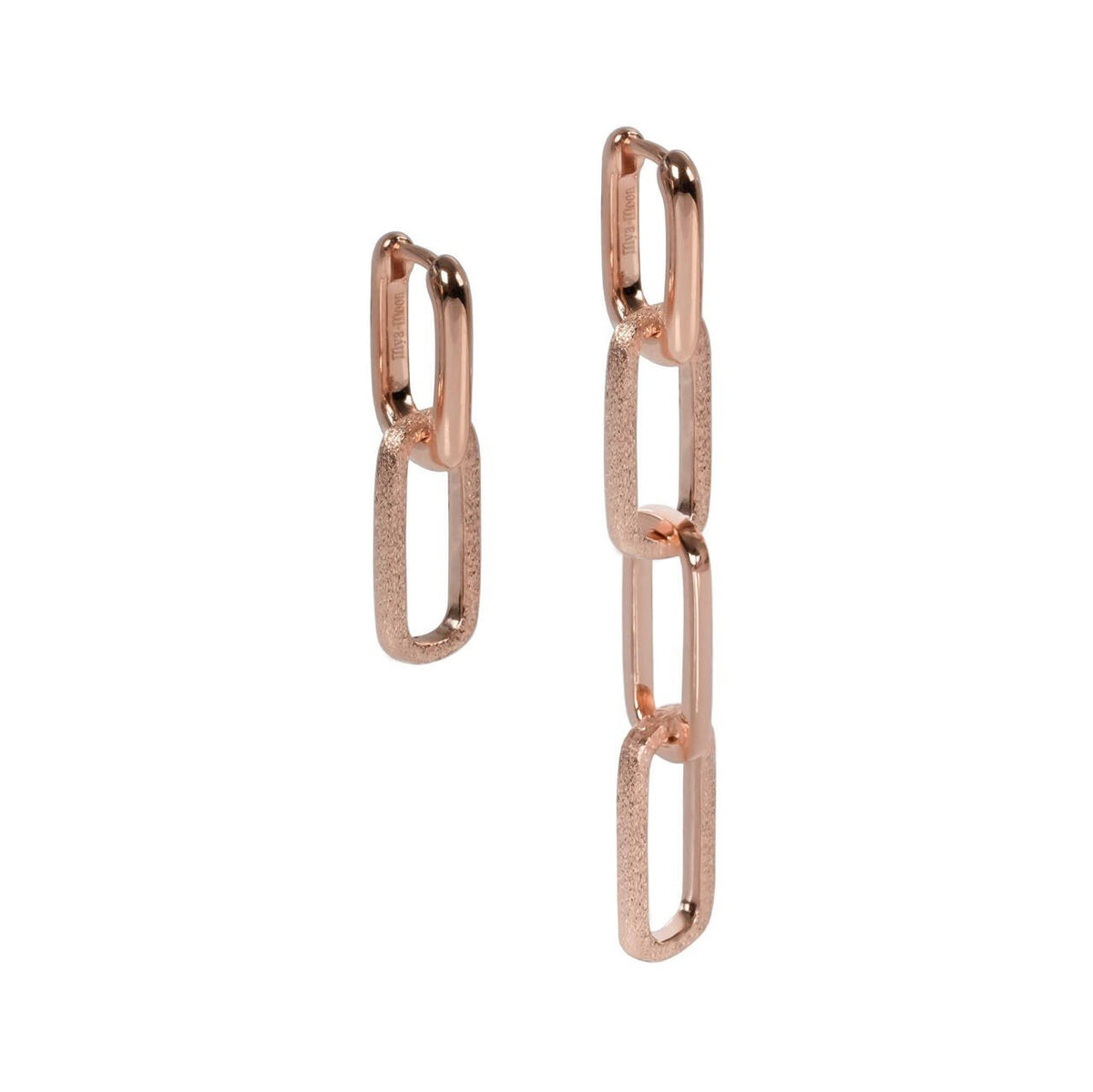 1. MyaMoon Metropolitan Way earrings in rose gold, featuring asymmetrical chain design with 925 silver plating, shown in studio setting