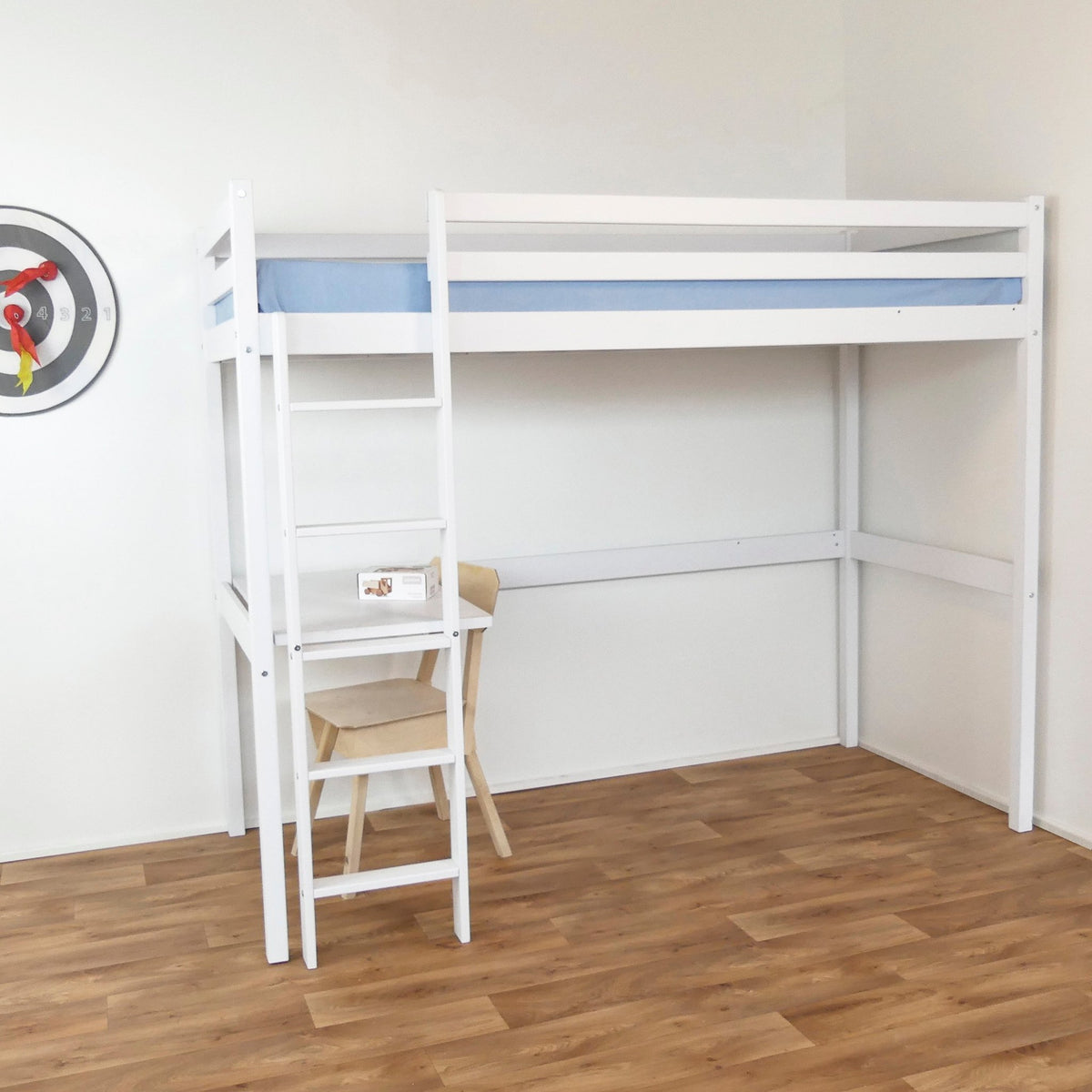 1. White high sleeper bed with integrated desk and ladder in a room with wooden flooring, featuring a blue mattress and a chair underneath
