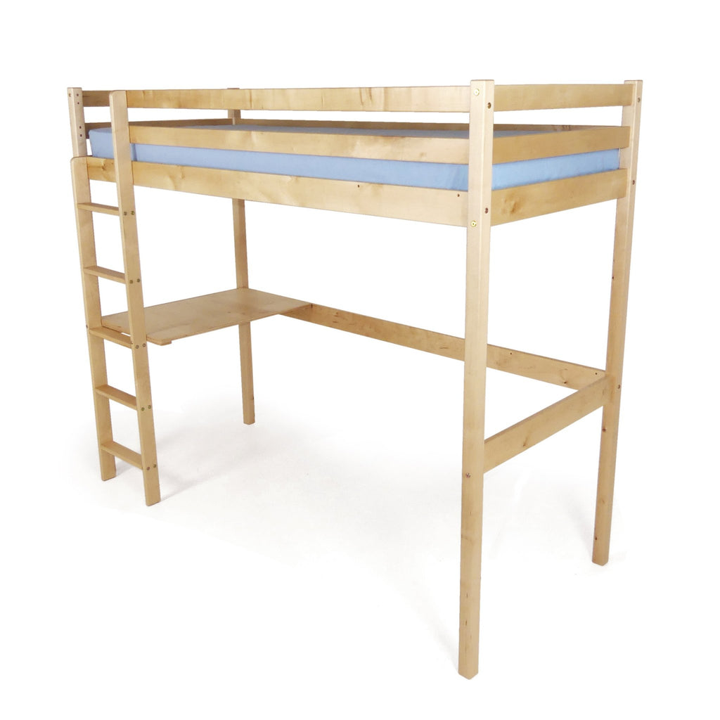 2. Natural birch high sleeper bed with blue mattress, integrated desk, and ladder on a white background