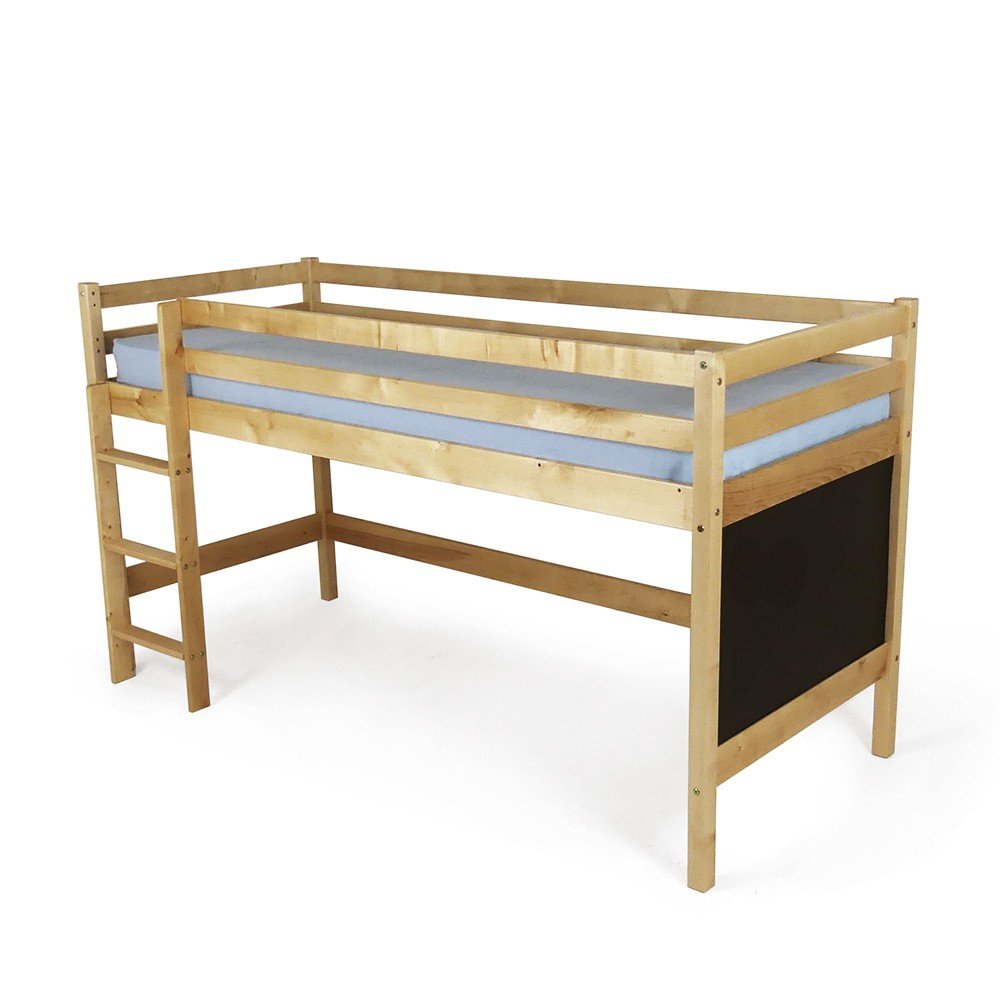 3. Natural wood mid-height bunk bed with chalkboard end, ladder on the left, shown in a studio setting