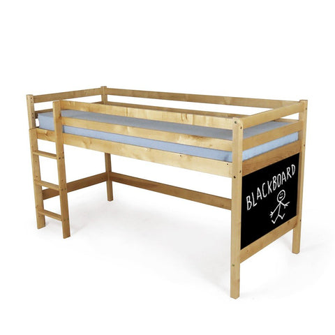 1. Natural wood mid-height bunk bed with chalkboard end, featuring a ladder on the left side, shown in a studio setting
