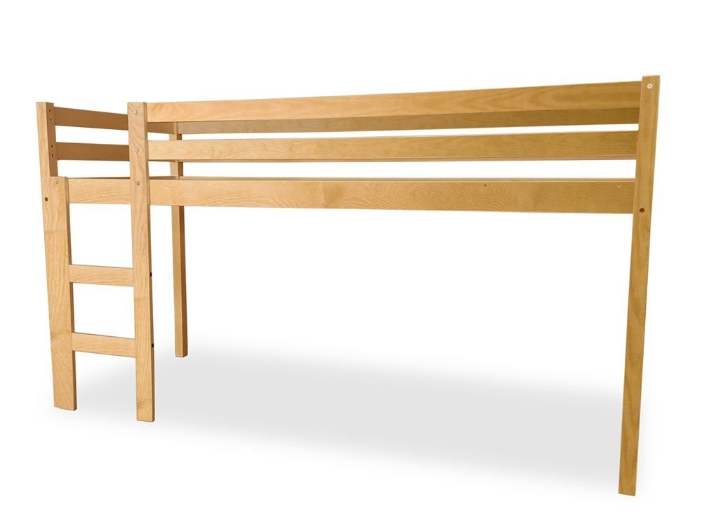 1. Natural wood mid-height bunk bed with ladder on left side, made from solid birch, shown in studio setting