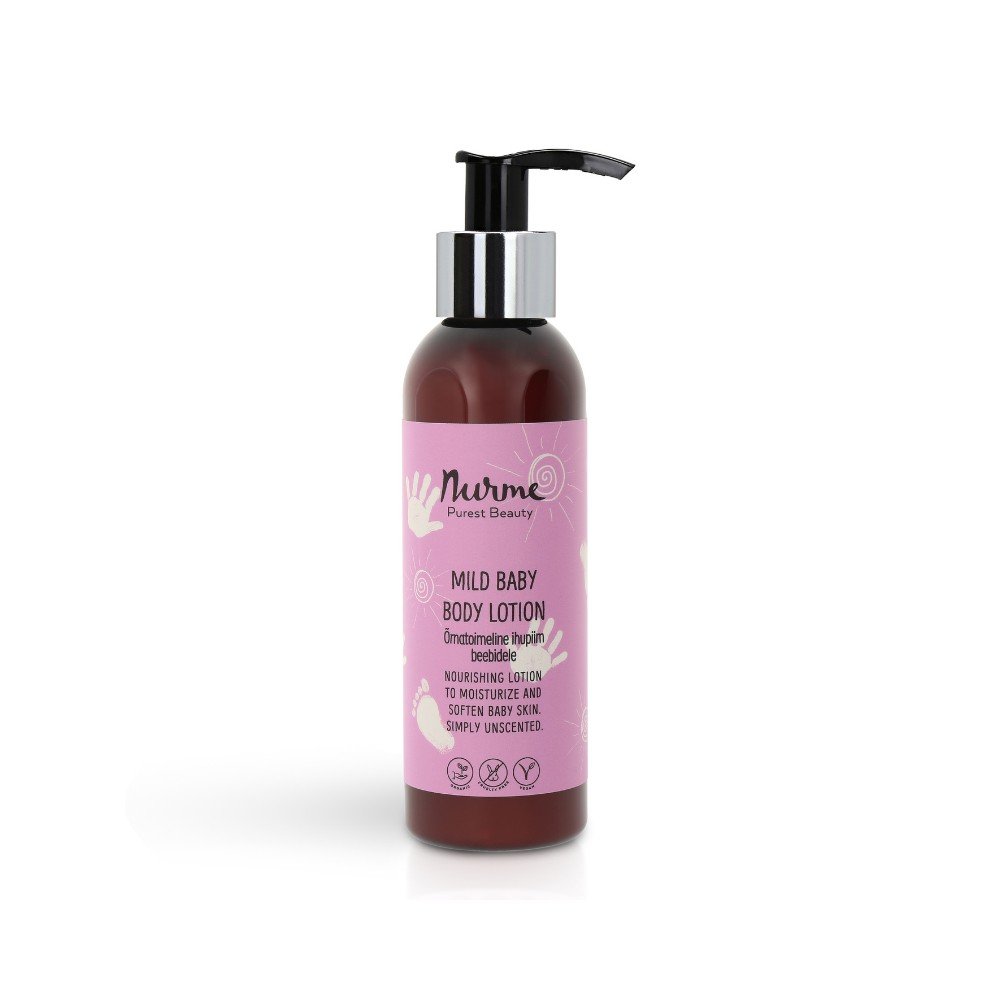 2. Nurme Mild Baby Body Lotion in 150ml bottle with pink label and pump dispenser on white background