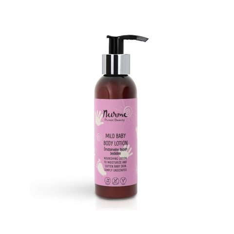 2. Nurme Mild Baby Body Lotion in 150ml bottle with pink label and pump dispenser on white background