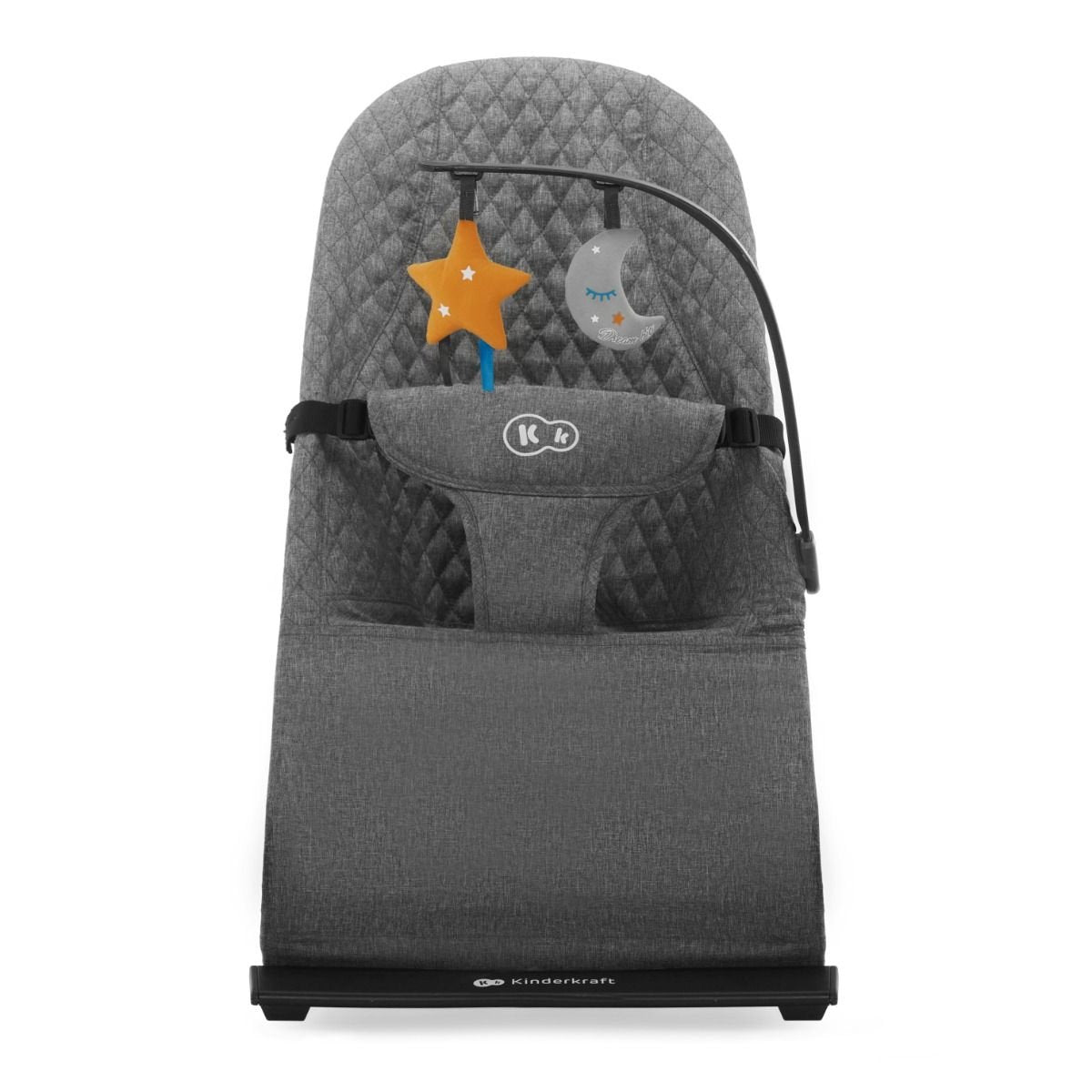 2. Front view of grey Kinderkraft MIMI bouncer with toy bar featuring star and moon toys, studio setting