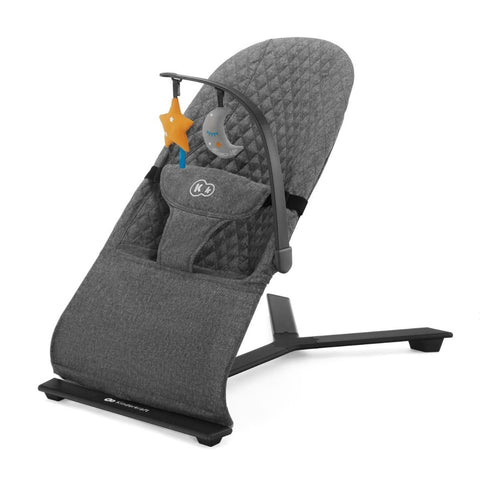 2. Grey Kinderkraft MIMI baby bouncer with detachable toy bar featuring star and moon toys, shown in studio setting
