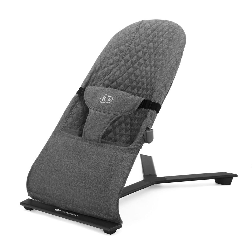 2. Grey Kinderkraft MIMI baby bouncer with quilted fabric and harness, shown in studio setting