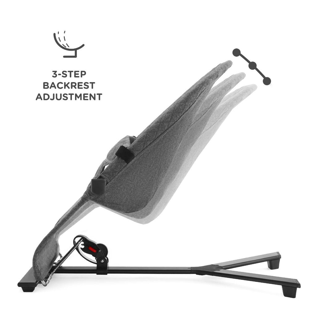 4. Grey Kinderkraft MIMI bouncer showing 3-step backrest adjustment feature in studio setting