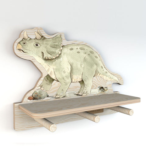 2. Side view of Dekornik mini wall shelf with dinosaur design, showcasing green triceratops print on plywood, three pegs, and a small shelf, perfect for organizing small items