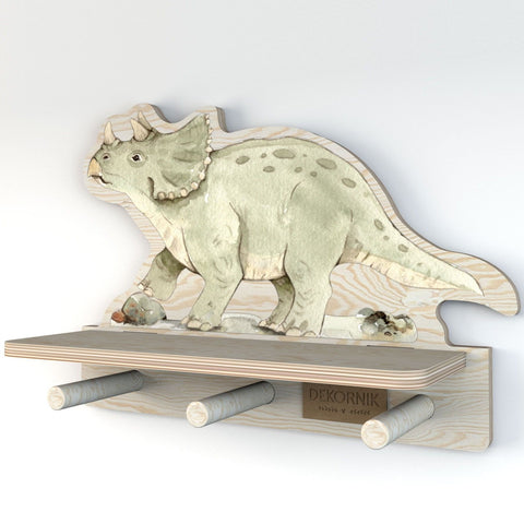 3. Dekornik mini wall shelf with dinosaur design, highlighting green triceratops print on plywood, three pegs, and a small shelf, suitable for children's room organization