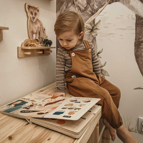 1. Child sitting on a bench reading a book with Dekornik mini wall shelf featuring lion design in the background