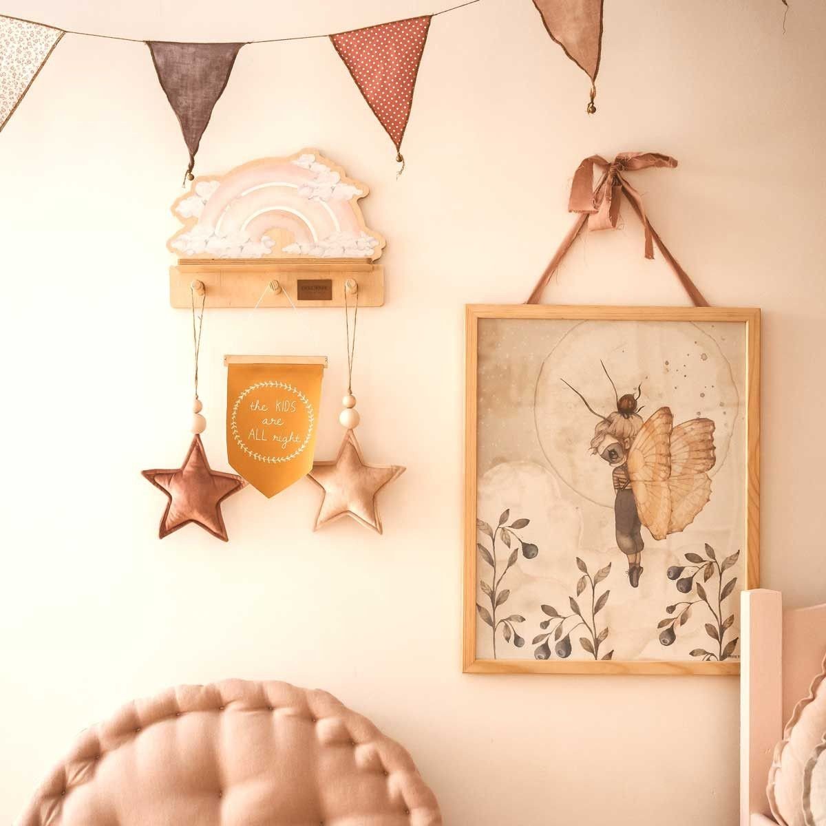1. Pink rainbow mini wall shelf by Dekornik in a cozy children's room with star decorations and framed art