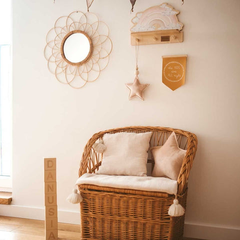 1. Children's room with Dekornik pink rainbow mini wall shelf, wicker chair, and decorative mirror