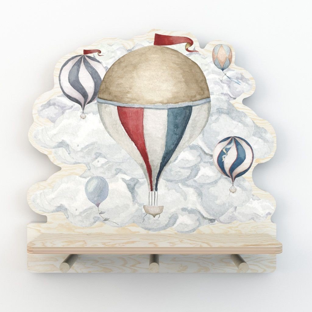 3. Studio shot of mini wall shelf with hot air balloon design, showing three wooden pegs