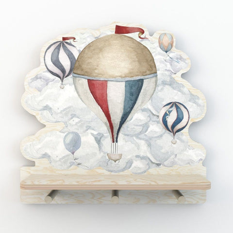 3. Studio shot of mini wall shelf with hot air balloon design, showing three wooden pegs