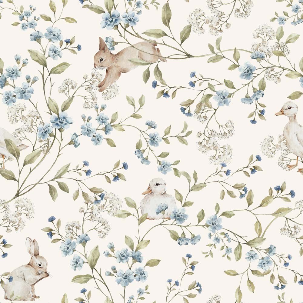 2. Close-up of beige wallpaper with playful ducks and bunnies among blue flowers