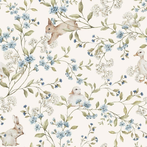 2. Close-up of beige wallpaper with playful ducks and bunnies among blue flowers