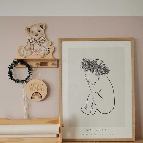 1. Dekornik mini wall shelf with teddy bear design in a child's room, next to framed artwork and decorative items