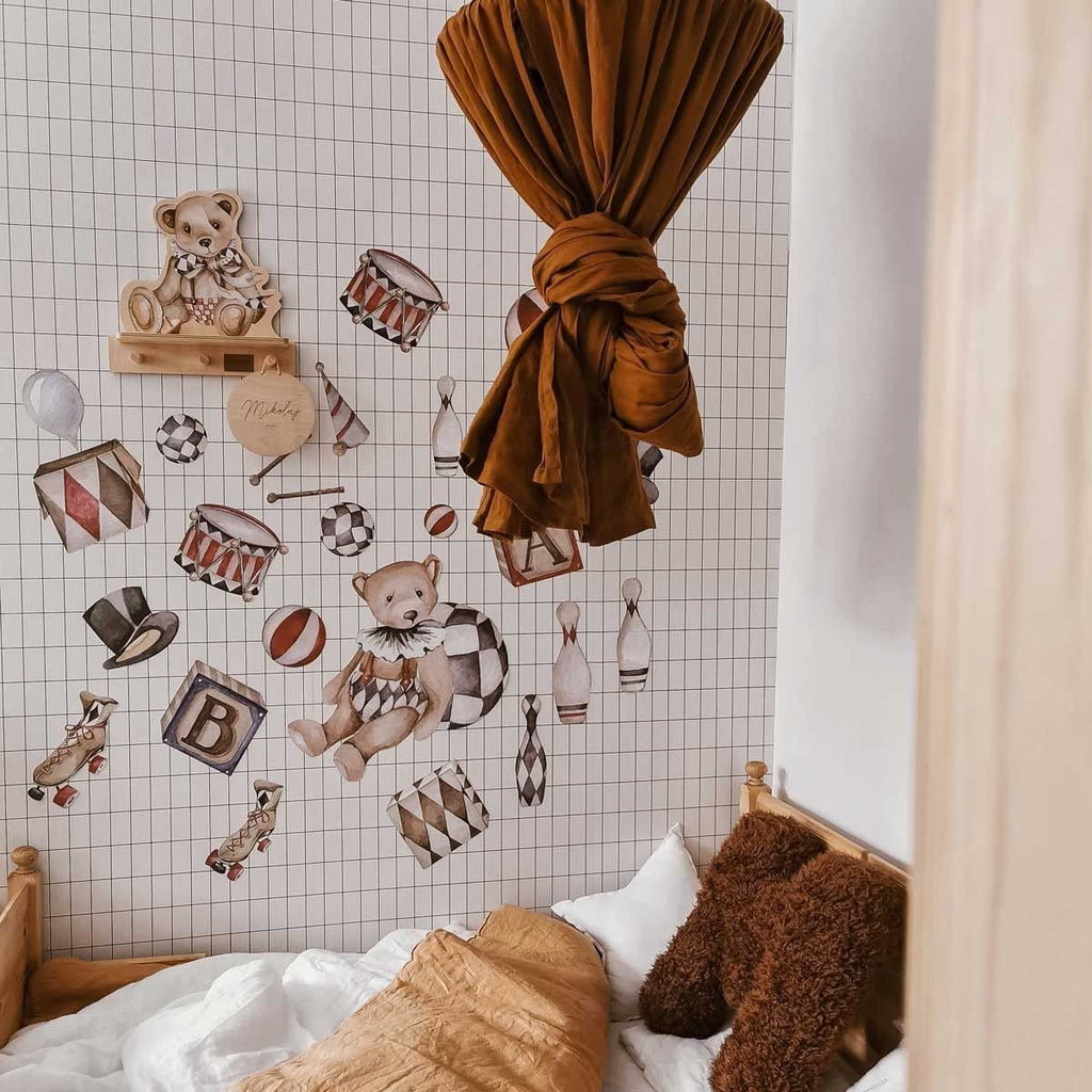 1. Dekornik mini wall shelf with teddy bear design in a child's room, surrounded by playful wall decorations and canopy