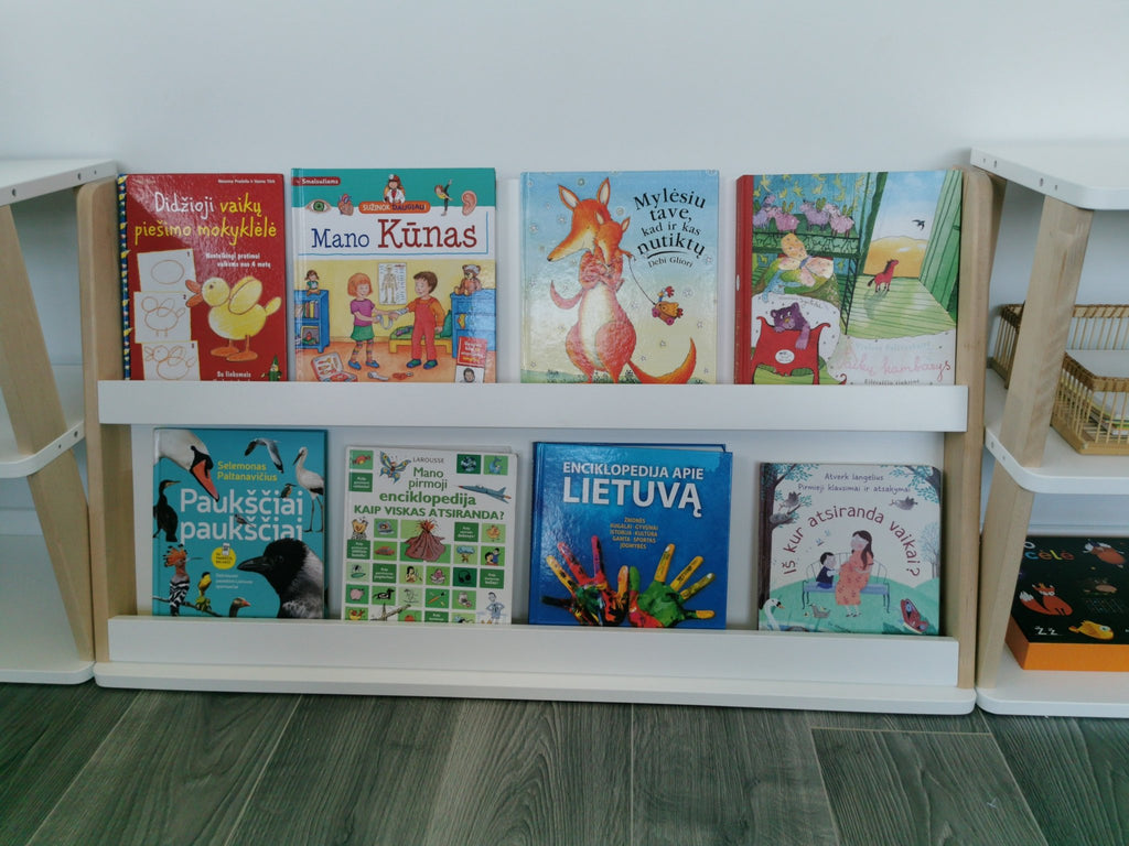 3. Close-up of modular Montessori bookshelf with colorful children's books on two shelves