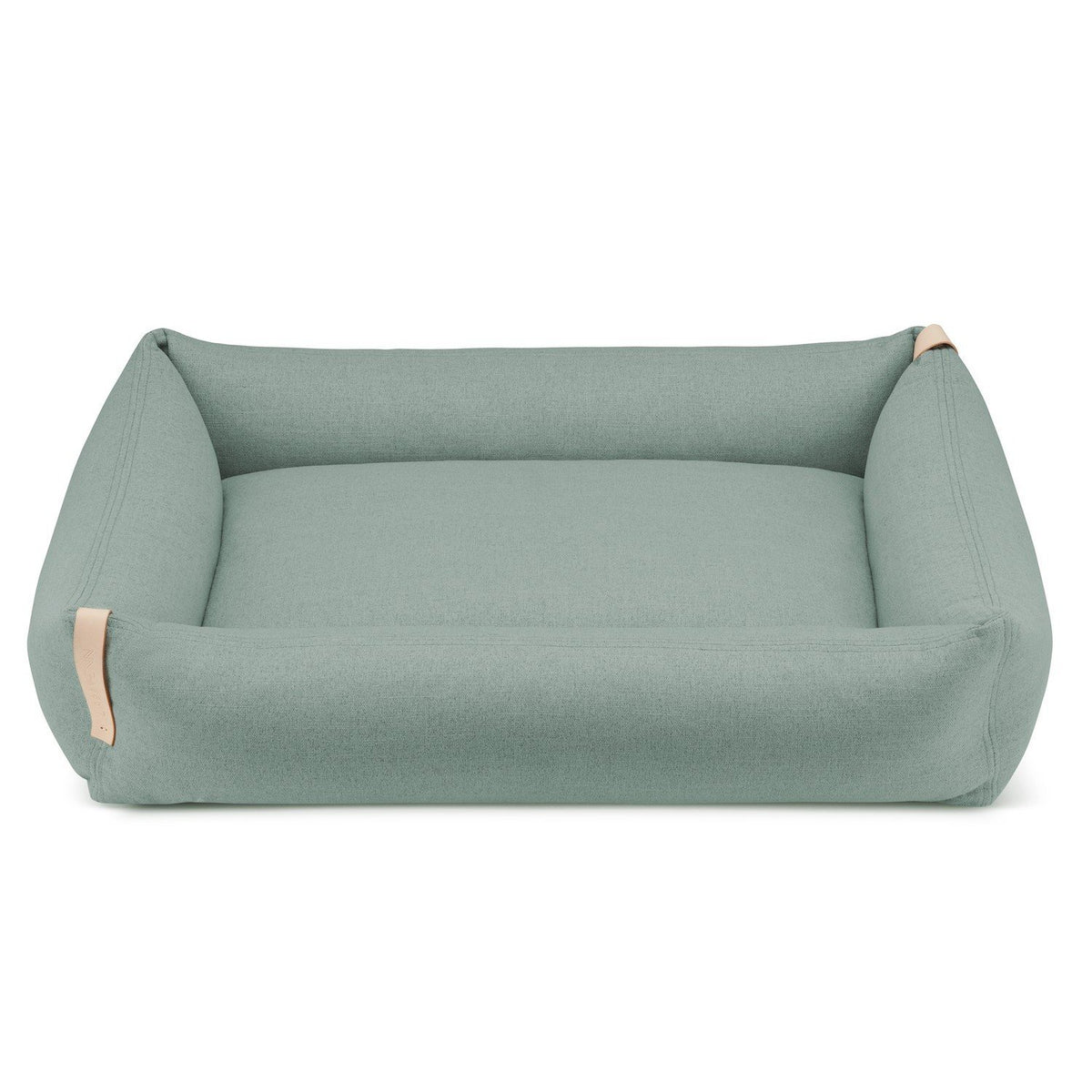 2. Soft teal Moe dog bed by Labbvenn with a rectangular shape, featuring a durable polyester cover and natural leather accents, shown on a white background.