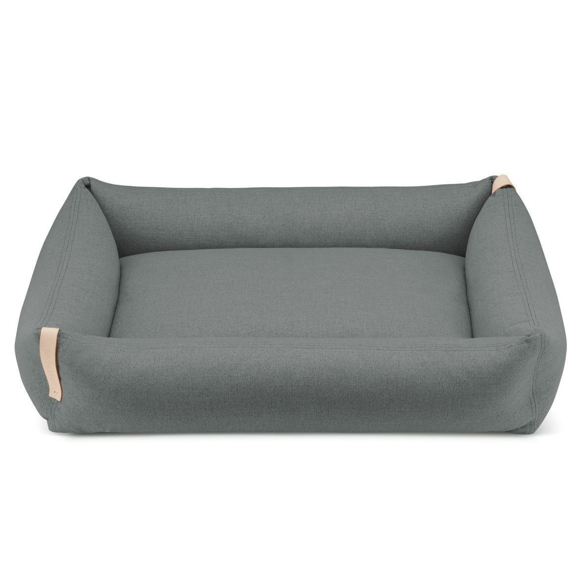 2. Moe dog bed in light anthracite with leather accents on a white background, showcasing its rectangular shape and plush design
