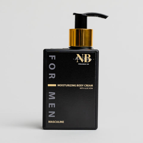 3. North Beauty moisturizing body cream for men with aloe vera, shown in studio with black and gold packaging