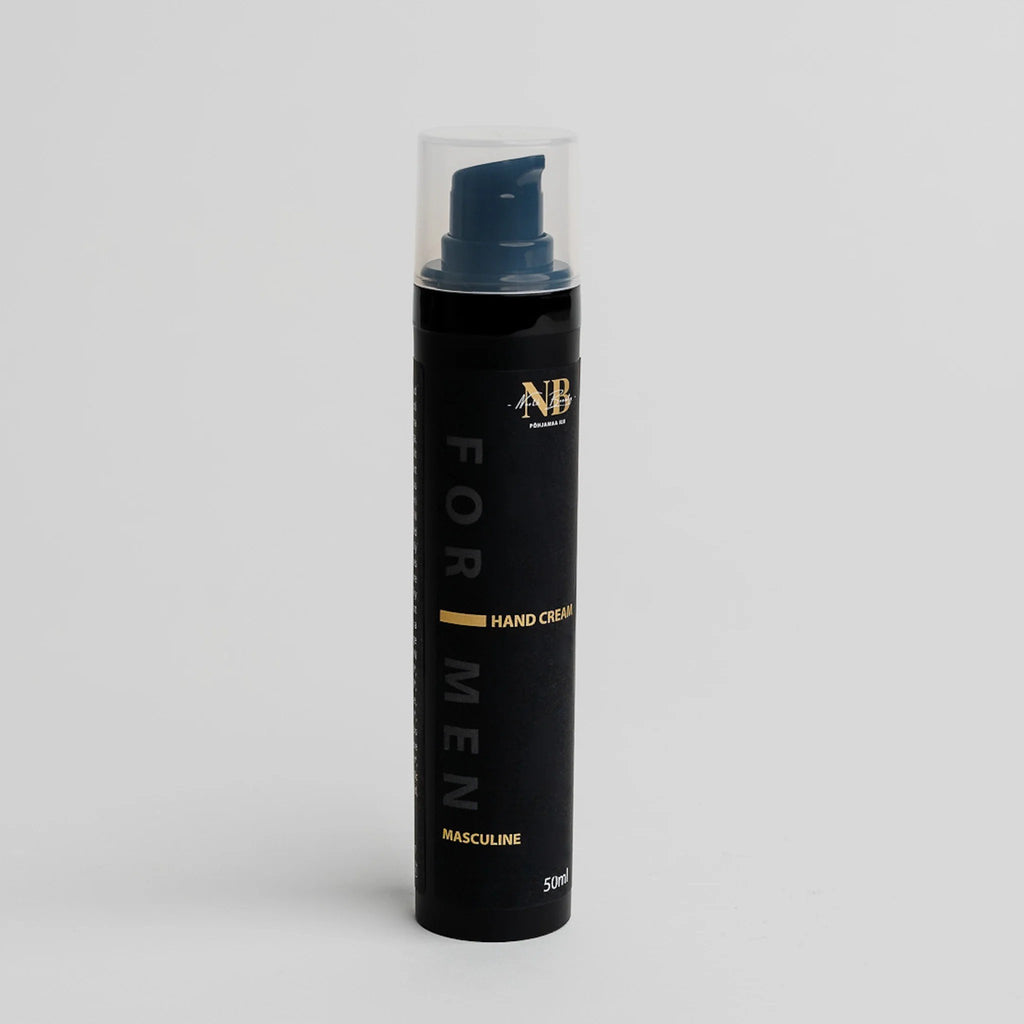 2. North Beauty men's moisturising hand cream with aloe vera, 50 ml, shown in studio with black and gold packaging