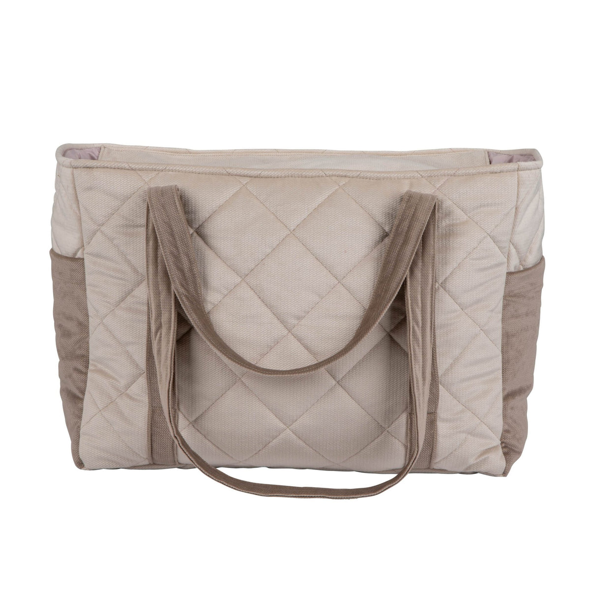 2. Back view of beige mom weekender bag with quilted design and long straps in studio setting