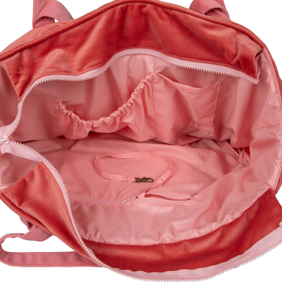 4. Interior view of pink weekender bag with multiple pockets and zipper closure
