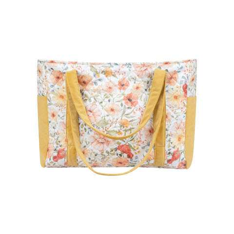 4. Studio shot of floral and yellow weekender bag showing back design and straps
