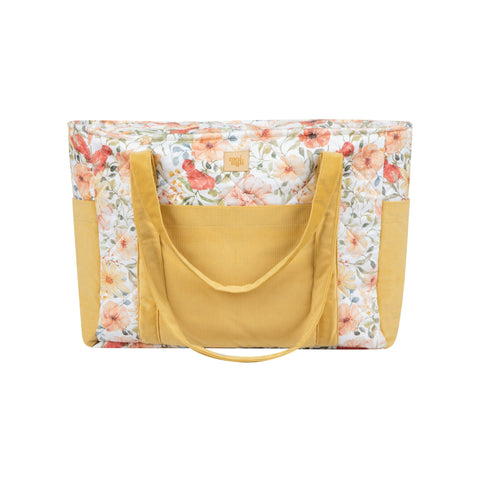 2. Studio shot of yellow and floral weekender bag with multiple pockets and moi mili logo