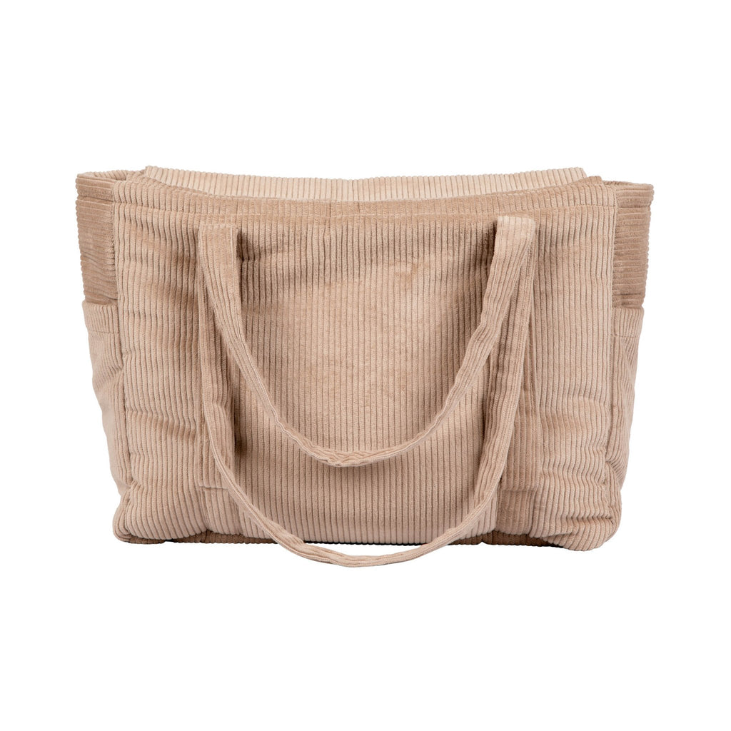 2. Back view of latte-colored velvet weekender bag with long straps and textured fabric