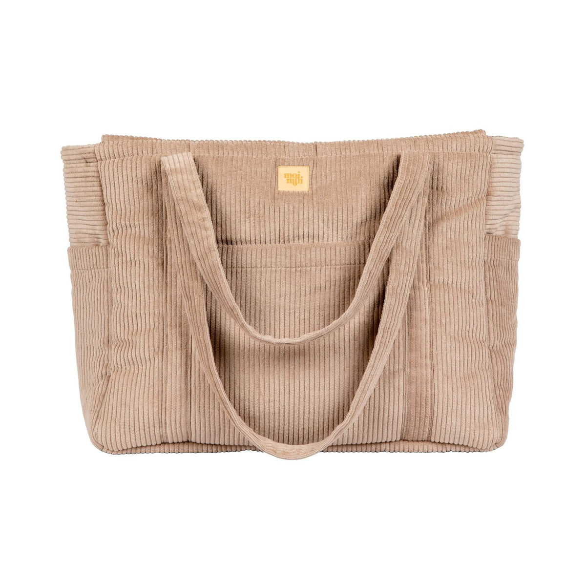 2. Studio shot of latte-colored velvet weekender bag with multiple pockets and moi mili logo