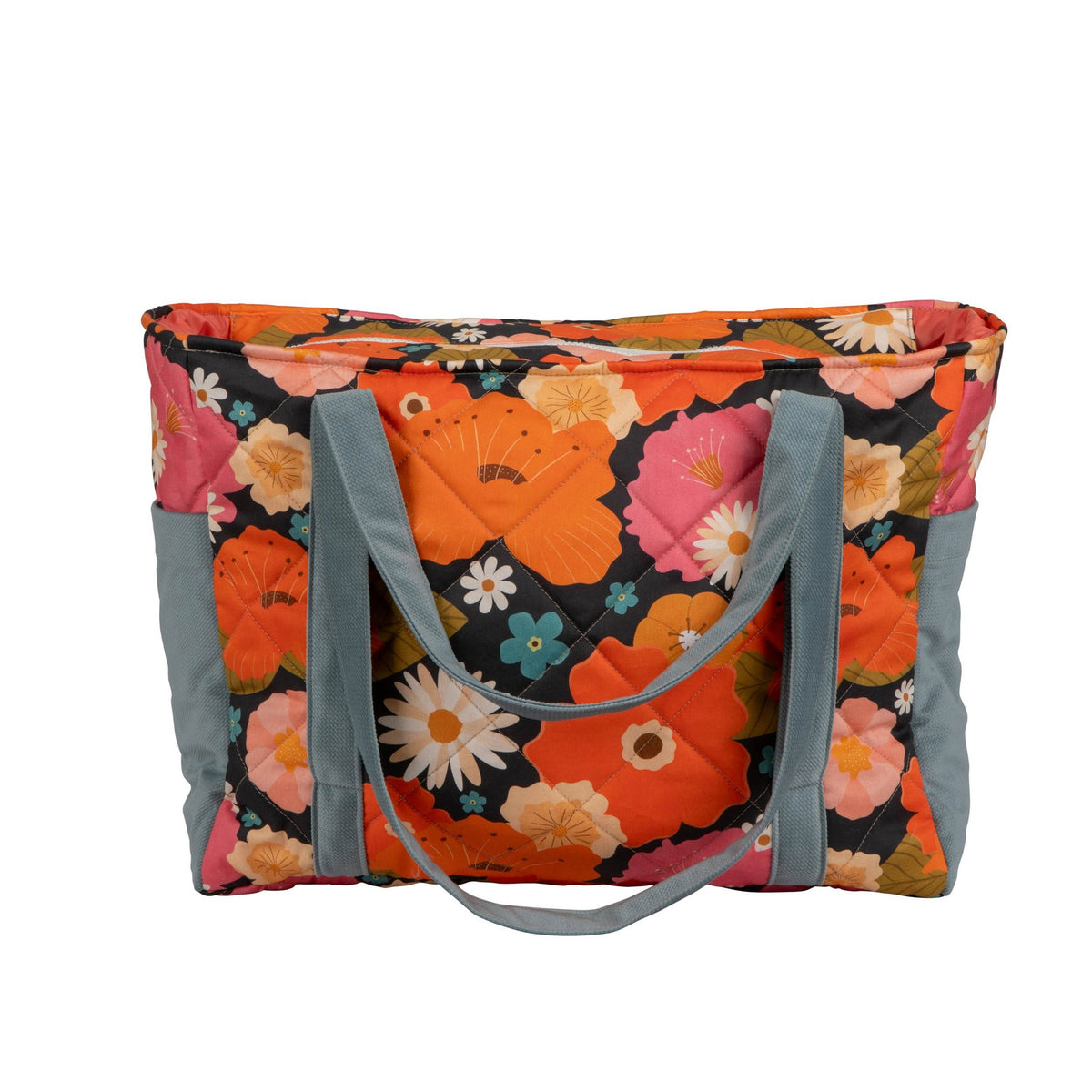 2. Studio shot of floral weekender bag with blue straps, showcasing colorful flower pattern and spacious design.
