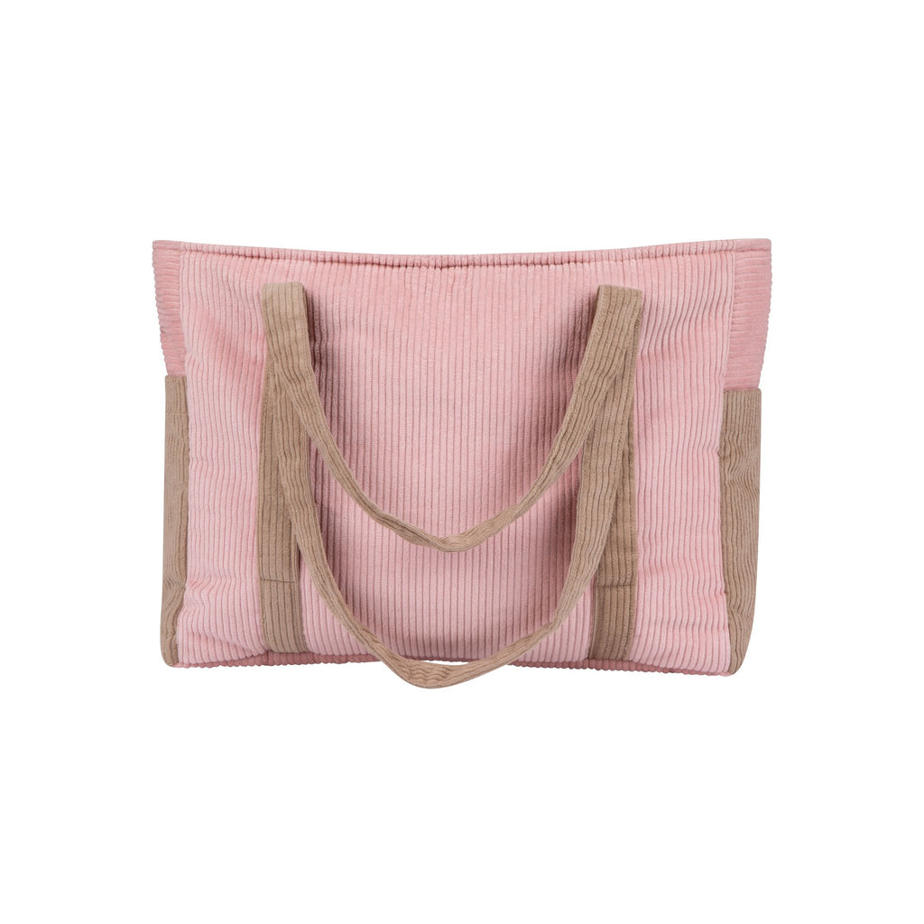 3. Studio shot of pink and coffee-colored weekender bag with dual handles, shown from the front