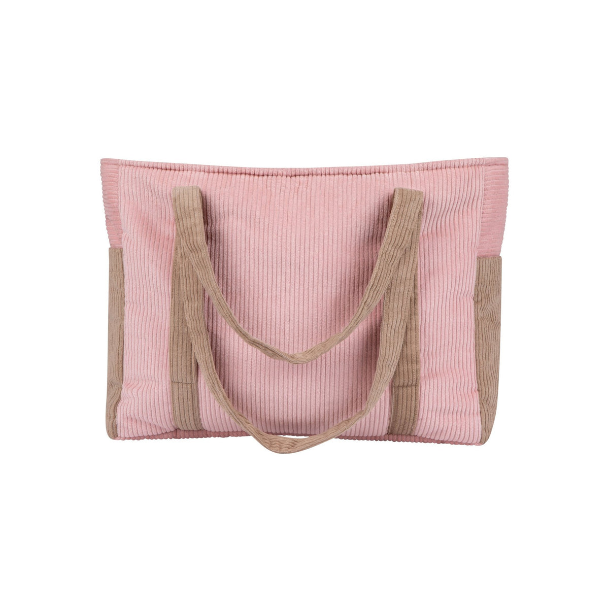 3. Studio shot of pink and coffee-colored weekender bag with dual handles, shown from the front