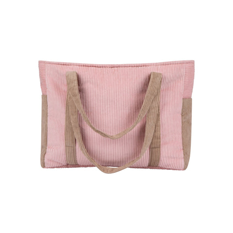 3. Studio shot of pink and coffee-colored weekender bag with dual handles, shown from the front