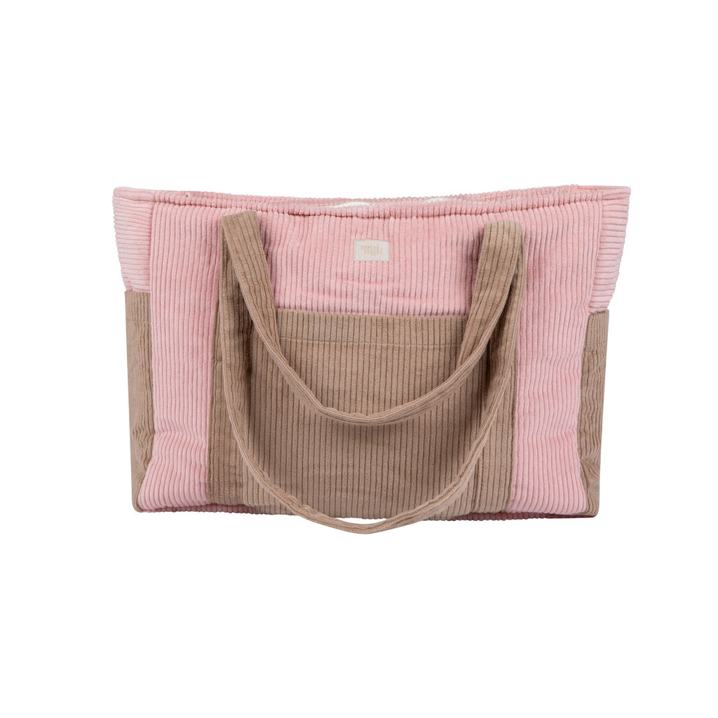 4. Studio shot of pink and coffee-colored weekender bag with visible logo, shown from the back