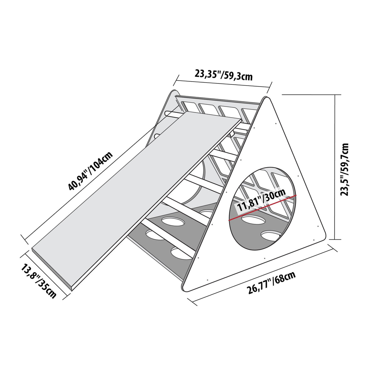 2. Size chart illustration of Montessori 3-angle climber with ramp showing dimensions in centimeters