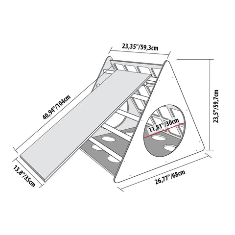 2. Size chart illustration of Montessori 3-angle climber with ramp showing dimensions in centimeters