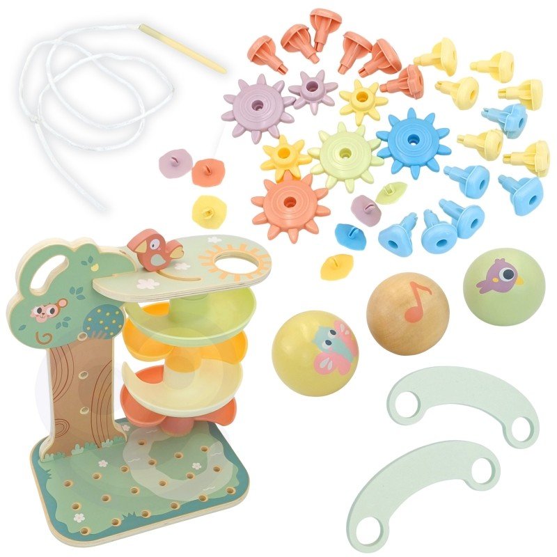12. Woopie Montessori 4-in-1 activity tree with additional play pieces, including marbles and gears, laid out for assembly.