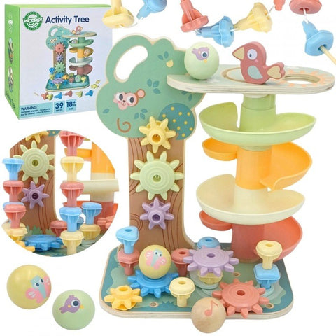 4. Woopie Montessori 4-in-1 activity tree with colorful gears, marble run, and shape sorter, including additional play pieces.