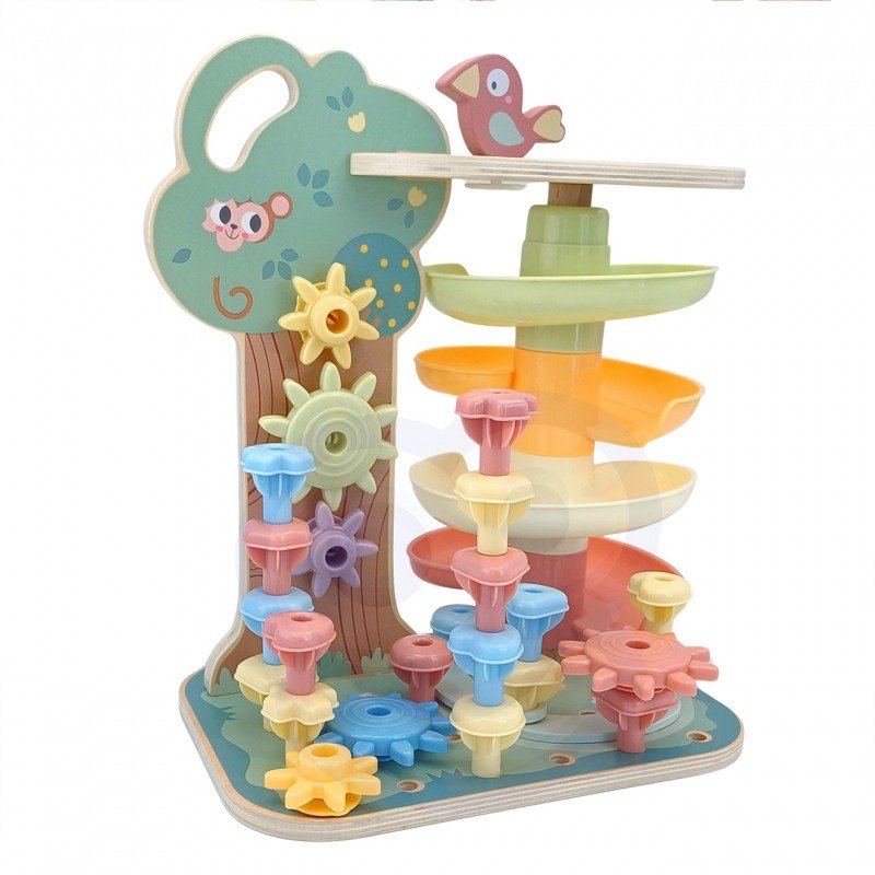 11. Woopie Montessori 4-in-1 activity tree with colorful gears and marble run, designed for toddler play.