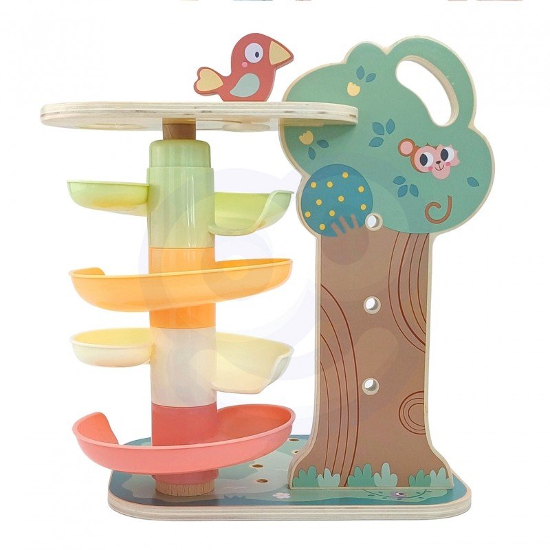 9. Side view of Woopie Montessori 4-in-1 activity tree showing the spiral marble run and tree design.