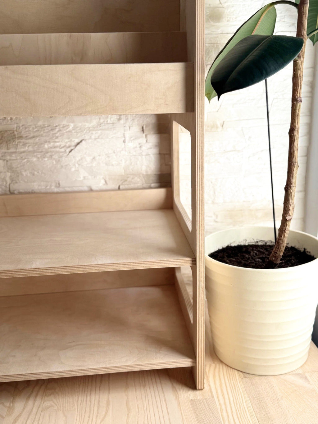 4. Bottom section of Montessori book display with storage shelf next to a potted plant