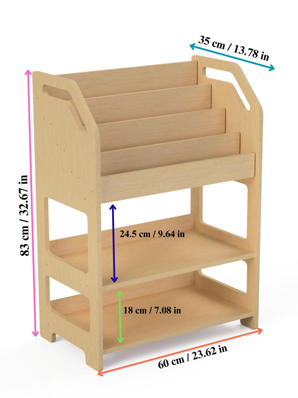 5. Size chart for Montessori wooden book display with dimensions in centimeters and inches